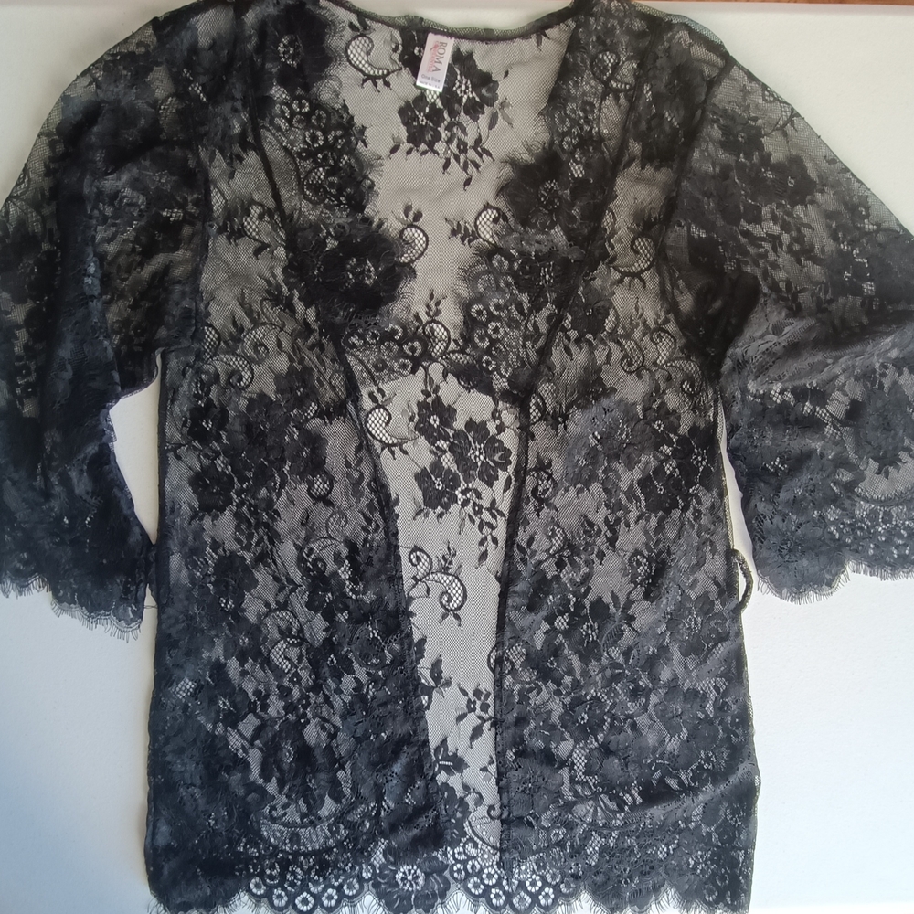 Roma Confidential Lace Komono Jacket Coverup Open Front Cardi Top Black Floral